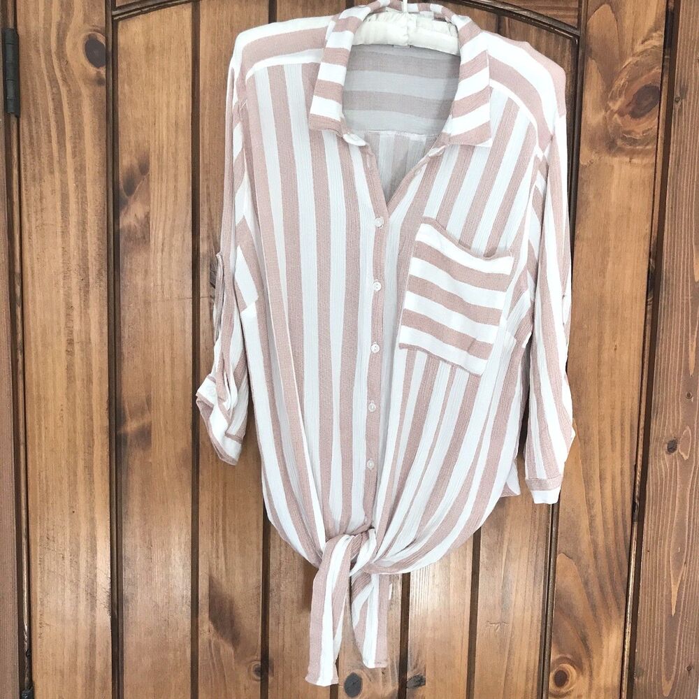 Vixbe Womens Top XL Roll Tab Sleeve Button Up Striped Rayon Coastal Beachy